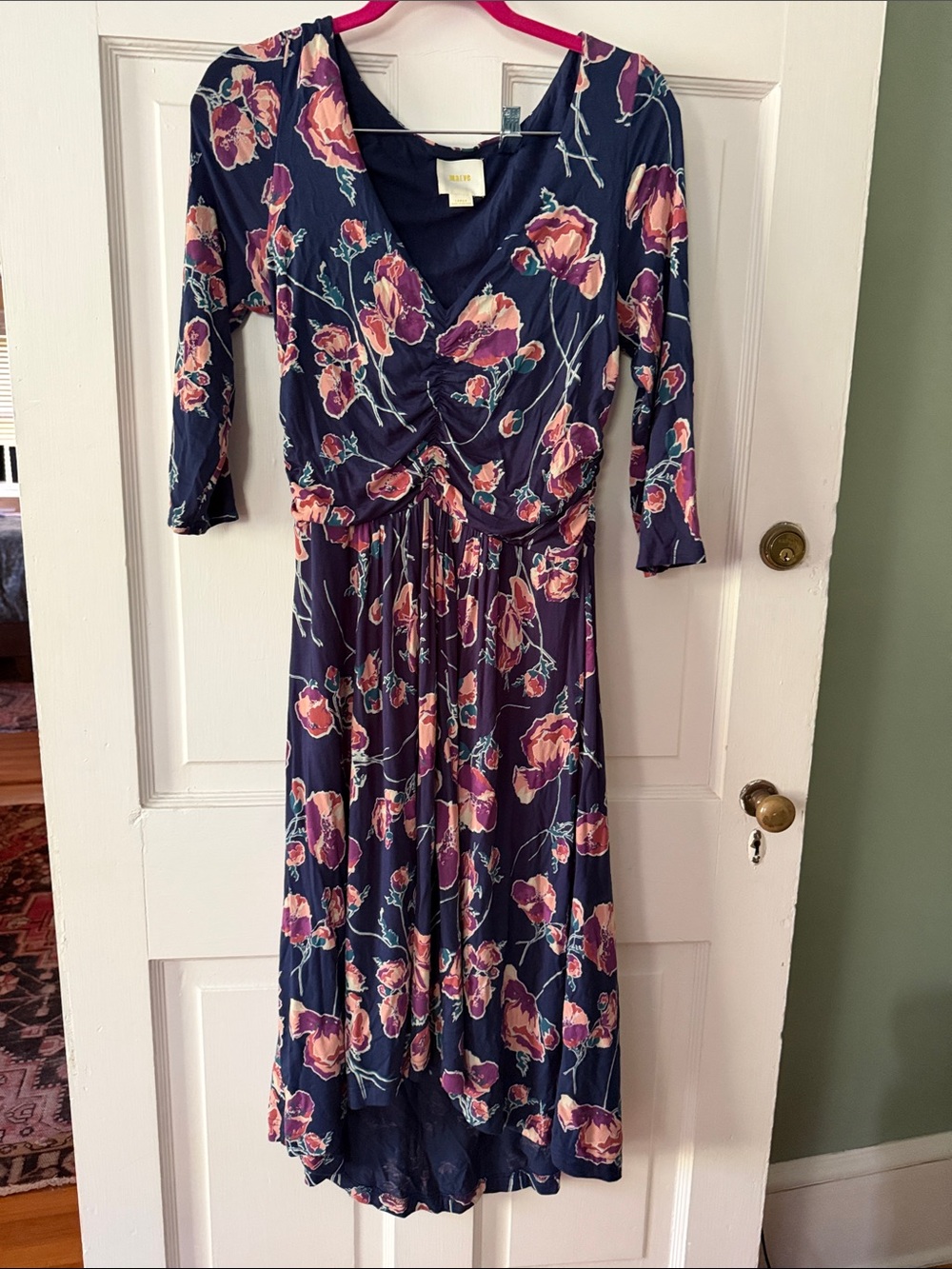 Floral Navy Wrap Midi Dress with Pink Blooms